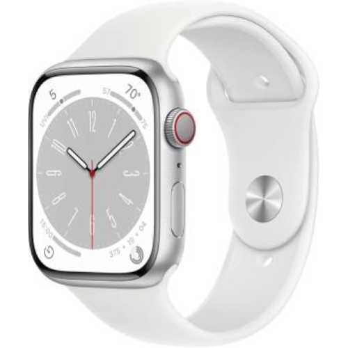 APPLE WATCH SERIE8 CELL 45MM SILVER ALUMINIUM CASE/WHITE SPORT BAND MP4J3TY/A
