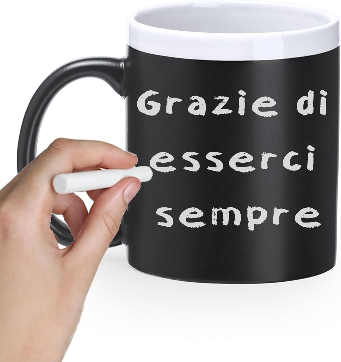 "Tazza lavagna nera personalizzabile con gessetto incluso per messaggi"