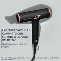 Rowenta Nano Asciugacapelli Brushless Compatto ad Alta Velocità, Boost di Ioni Antistatici e Sensore di Temperatura per Capelli Setosi e Luminosi, 3 Impostazioni di Velocità/Temperatura, HY8310
